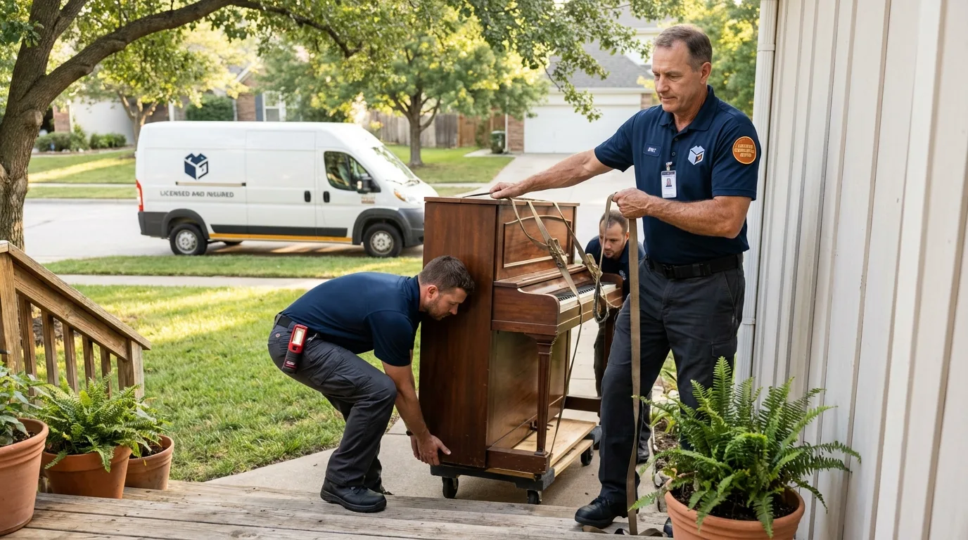 Licensed piano movers securing grand piano in West Alexandria, OH