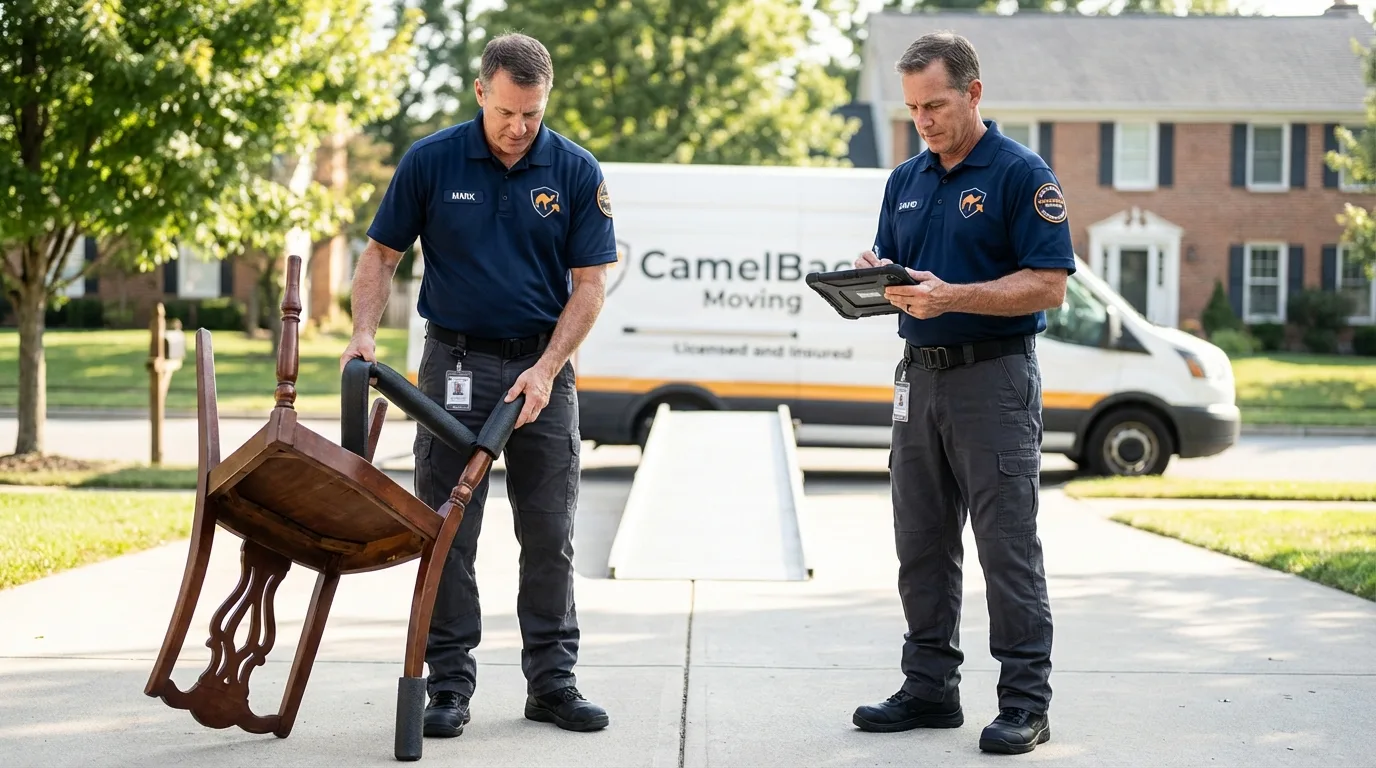 Movers inspecting furniture for damage prevention before loading in West Alexandria, OH