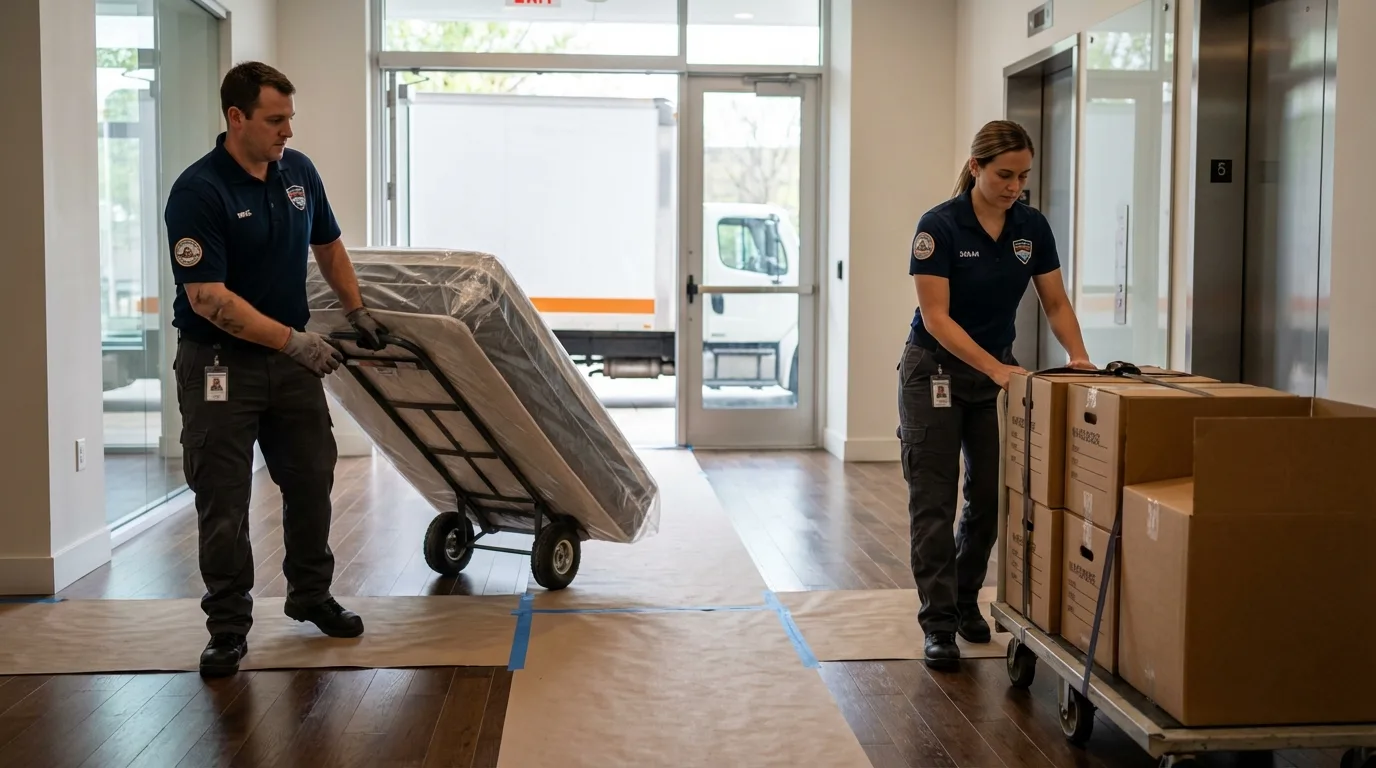 Professional apartment movers loading elevator in West Alexandria, OH