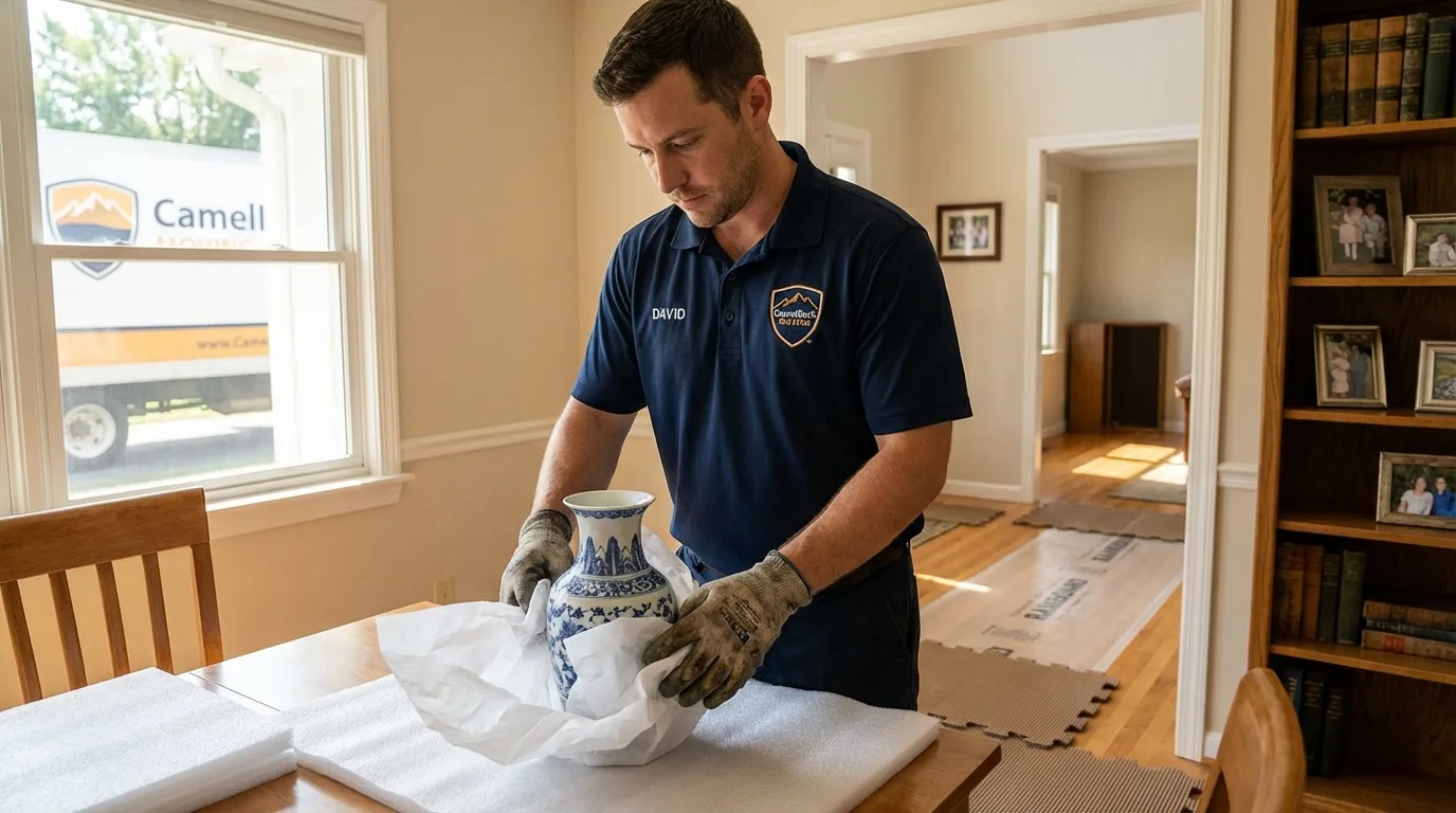 Professional crew carefully wrapping antique vase for senior downsizing move in West Alexandria, OH